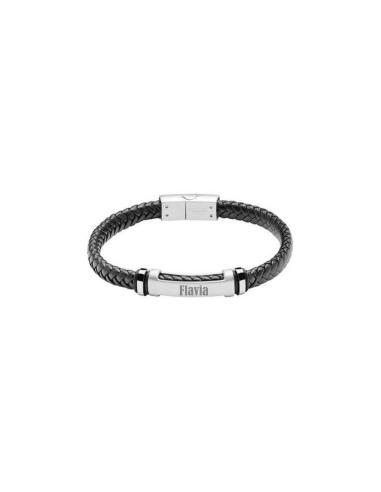Image of Bracelet en cuir tressé avec élément en acier inoxydable - Bracelets en cuir
